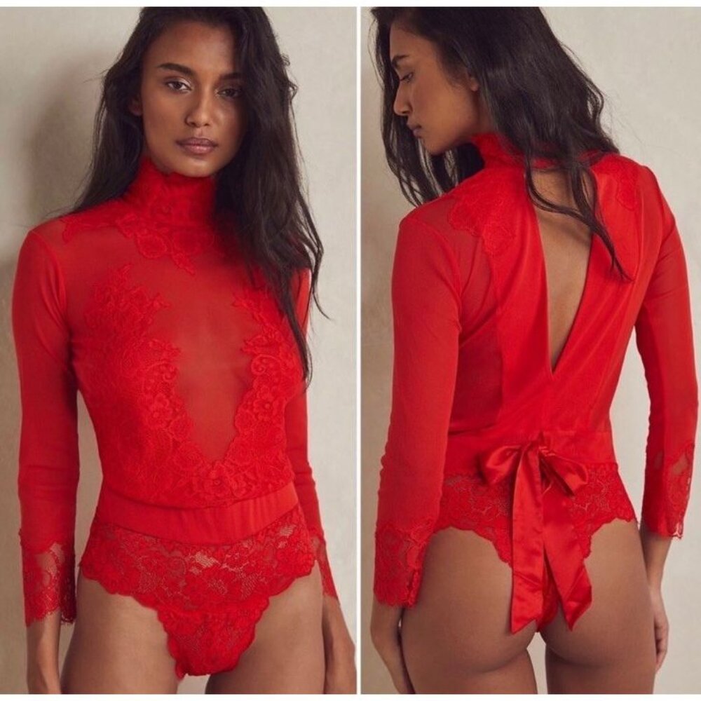 NWT $148 Free People Take HAH Bow Reversible Bodysuit Large Red Sheer Lace Top